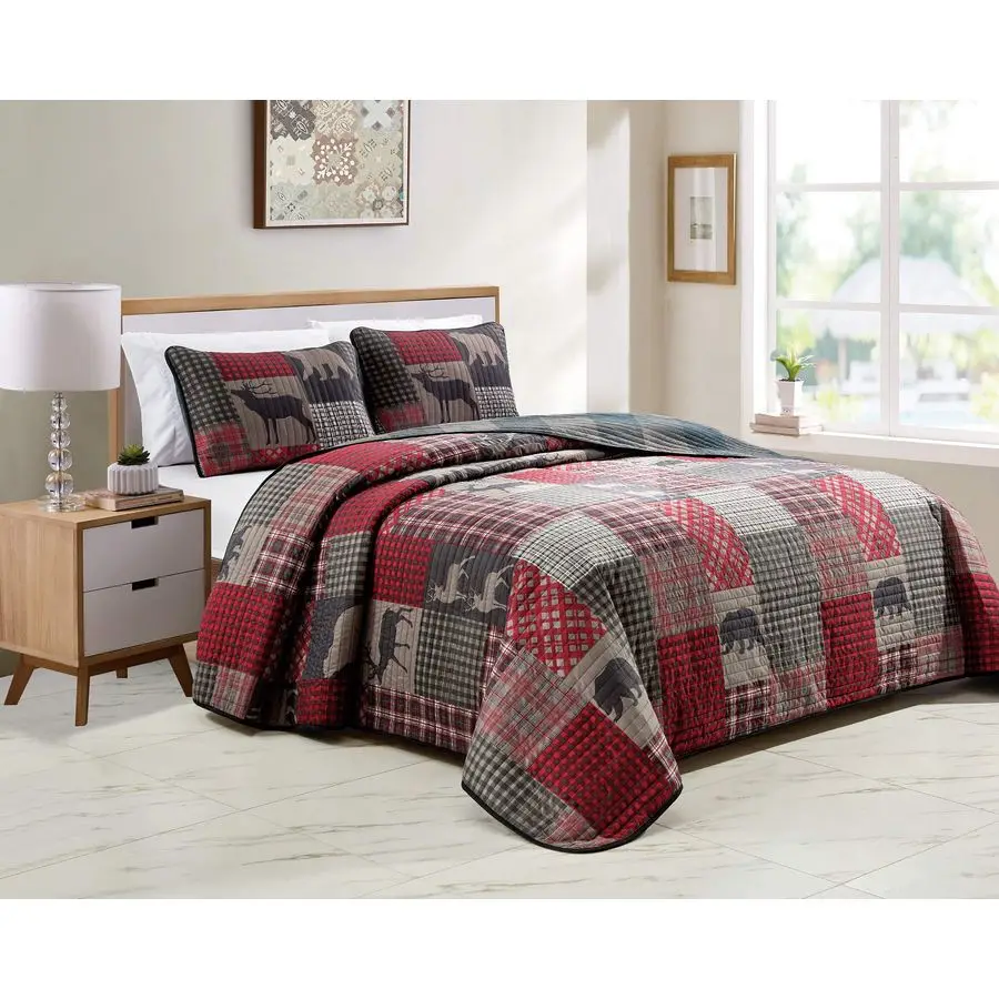 

Rustic Log Cabin Lodge Quilted Grey Charcoal Deep Red Reversible Plaid Bear Patchwork Bedspread Coverlet Bedding Set Plaid Bear