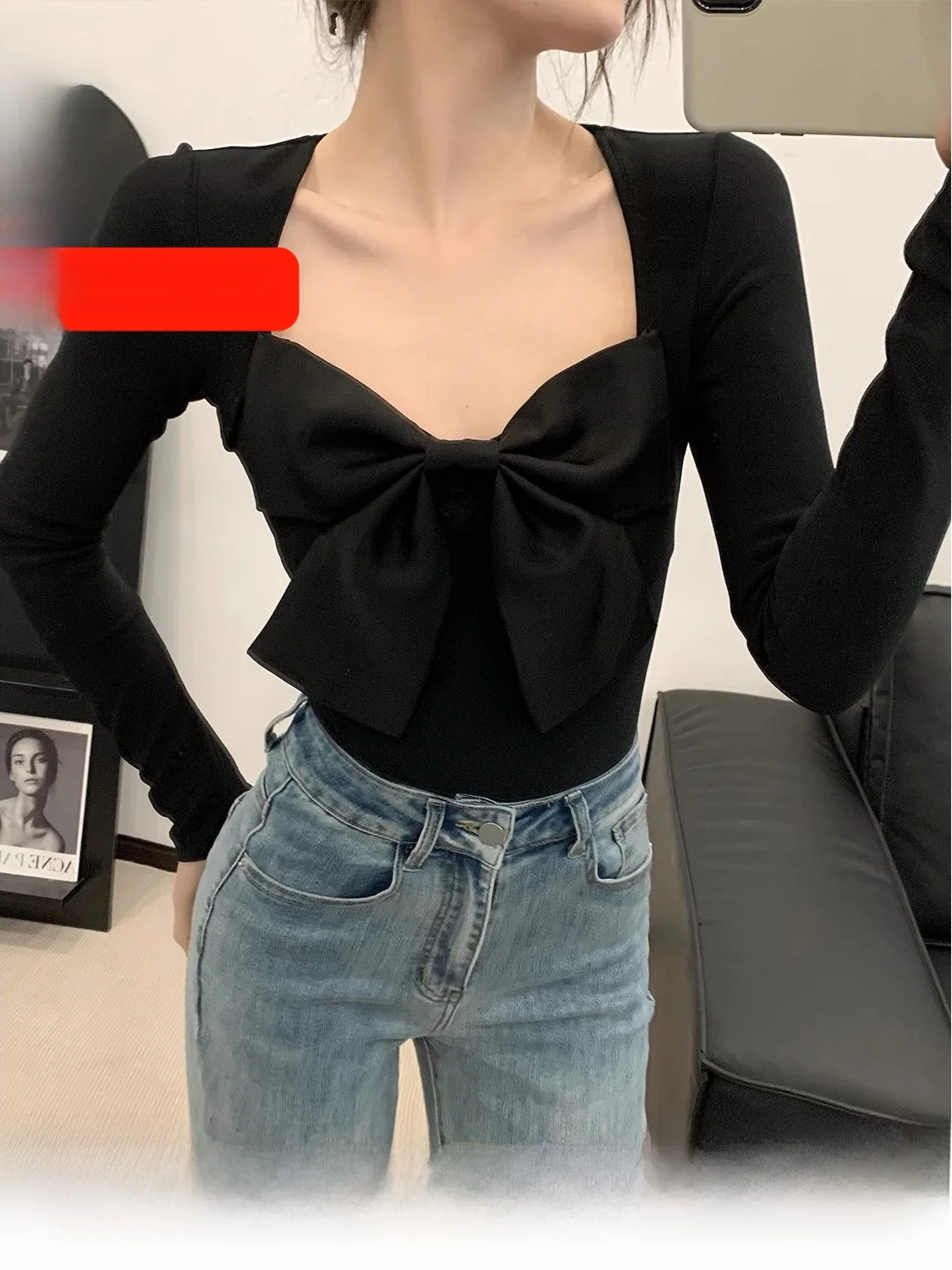 

Ultra-Long Sve Bodycon Jumpsuit with Large Bow Tie Square Collar Base irt Commute Sle Polyester Fiber Women's Faion