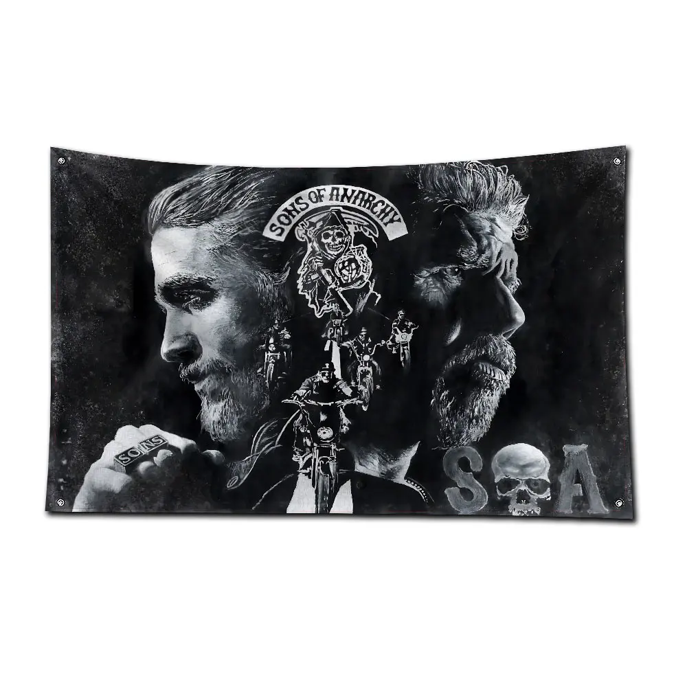 3x5 Ft S-Sons of Anarchy Flag Poliestrowy baner z nadrukiem cyfrowym do dekoracji drzwi garażowych z mosiężnymi przelotkami