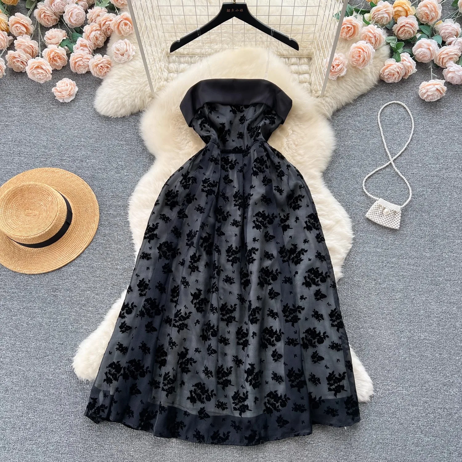 

Stylish Strapless Black Dress Women Vintage Summer Sleeveless Jacquard Dress Elegant Party Vestidos