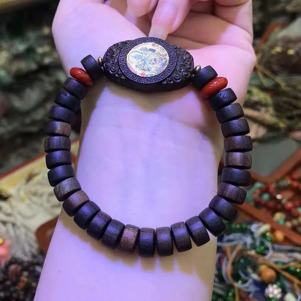 Agarwood Tablet Bead Single Loop Bracelet Green Tara Handpiece Accessory Wooden Jewelry for Women and Men Gifts