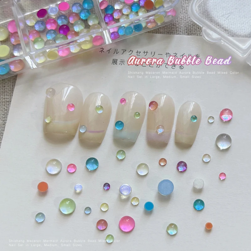1Box Colorful Mermaid Bubble Bead Half Round Flat Bottom Shiny Aurora Size Mixed Candy Color Nail Art Decoration Manicure