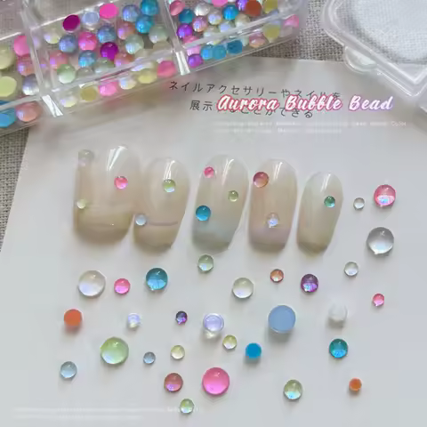 6 Grid/Box Colorful Mermaid Bubble Bead Half Round Flat Bottom Shiny Aurora Size Mixed Candy Color Nail Art Decoration Manicure