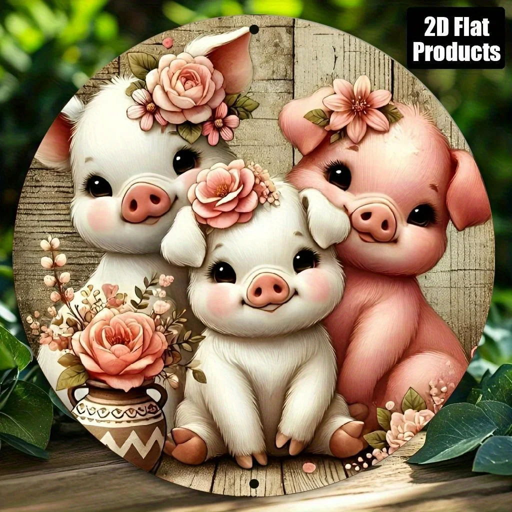 2D Flat - Vintage 8X8 Inch Round Aluminum Metal Sign Featuring The Three Little Pigs And Floral Peace Design, Perfect for Rustic
