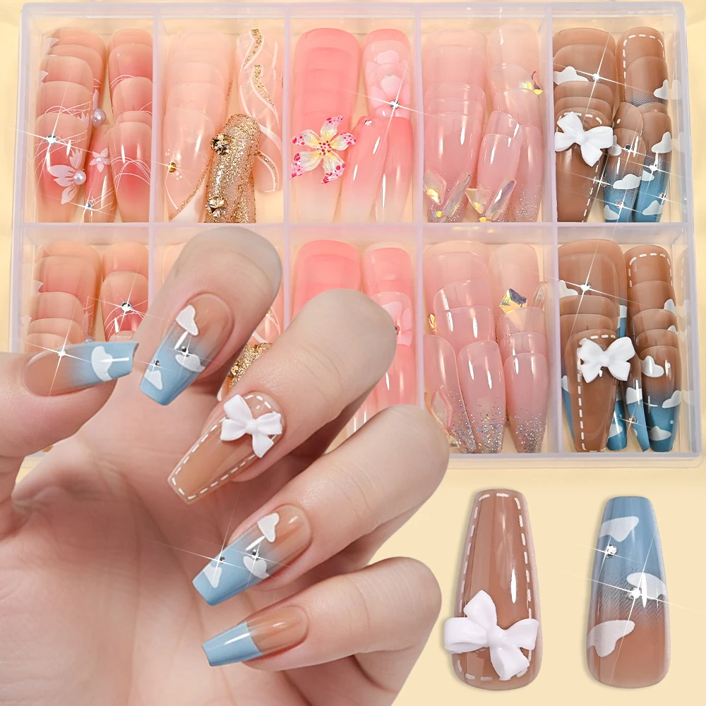 

120Pcs Sweet Gradient Blue Brown French Press On Nails White Bowknot Decor Cloud Fake Nails Medium Coffin French Wearable Nails^
