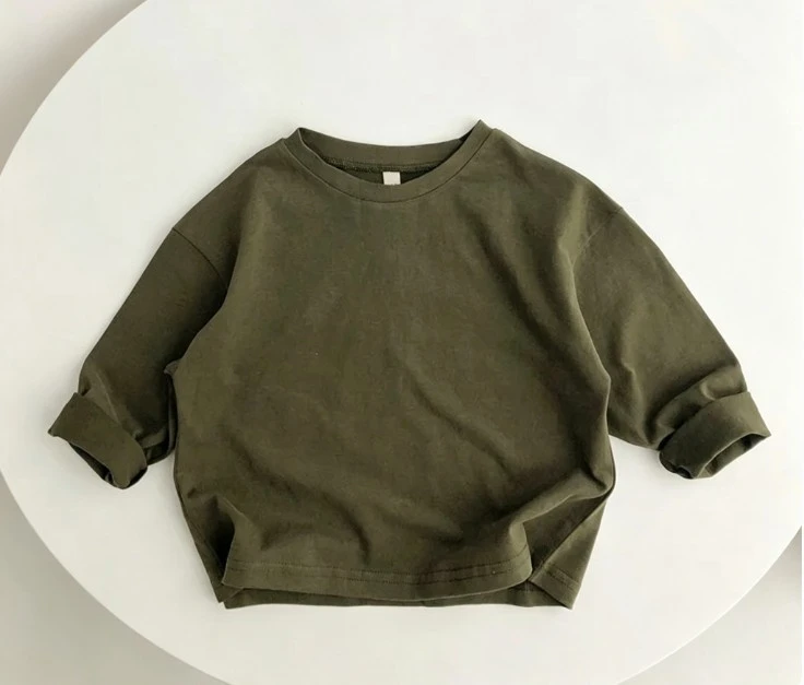 Kids Solid Color Long Sleeve T Shirt Neutral Tone Cotton Tops Soft Fabric Loose Fit Casual Tees For Toddler Wear Baby Kid Wear 2