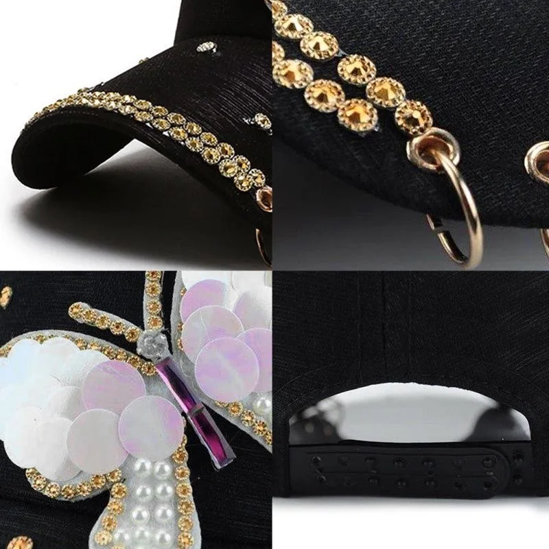 Sequin Baseball Cap for Women Butterfly Kpop Shiny Peaked Caps Summer Mesh Adjustable Outdoor Travel Sunscreen Sun Hat Female