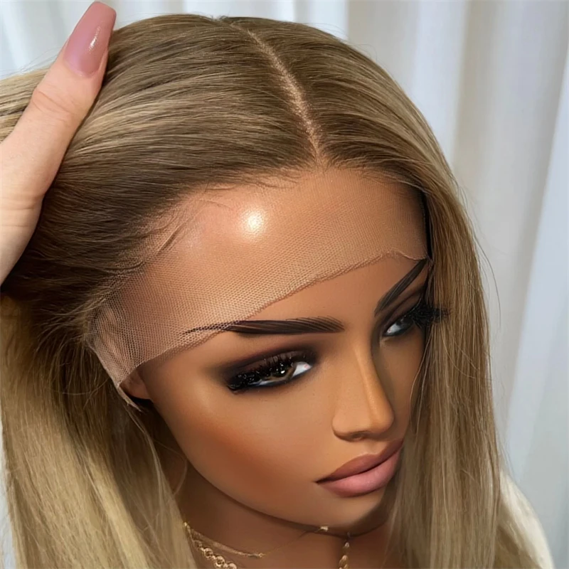 

Glueless Ombre Light Golden Blonde Synthetic HD Transparent Lace Front Wig Soft Straight Wig Preplucked Hairline High Quality