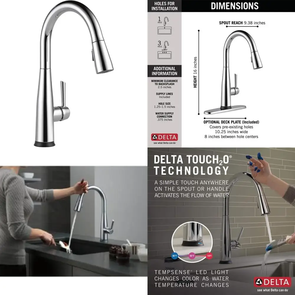 

Modern Single Hole Touch Activated Kitchen Faucet with Pull-Down Sprayer, Delta Essa Chrome Finish
