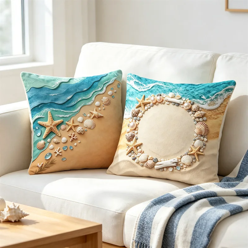 3D Ocean Wave Sandy Beach Starfish Seashell Cushion Cover Mediterranean Throw Pillow Case For Sofa Home Decor Pillowcase 50x50cm