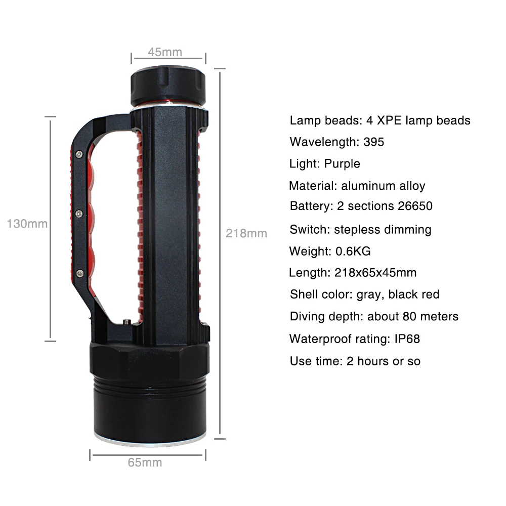 3000 Lumens 4*XPE LED UV Flashlight waterproof Diving Ultraviolet Torch Powered by 26650 Battery Underwater 80m UV Lamp