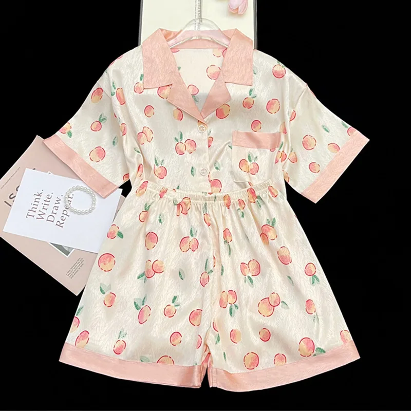 Summer Cartoon Peach Pattern Small Fresh Short Sleeve Shorts Popular Simulation Silk Set Homewear Lovely Youth Lady\'s Loungewear