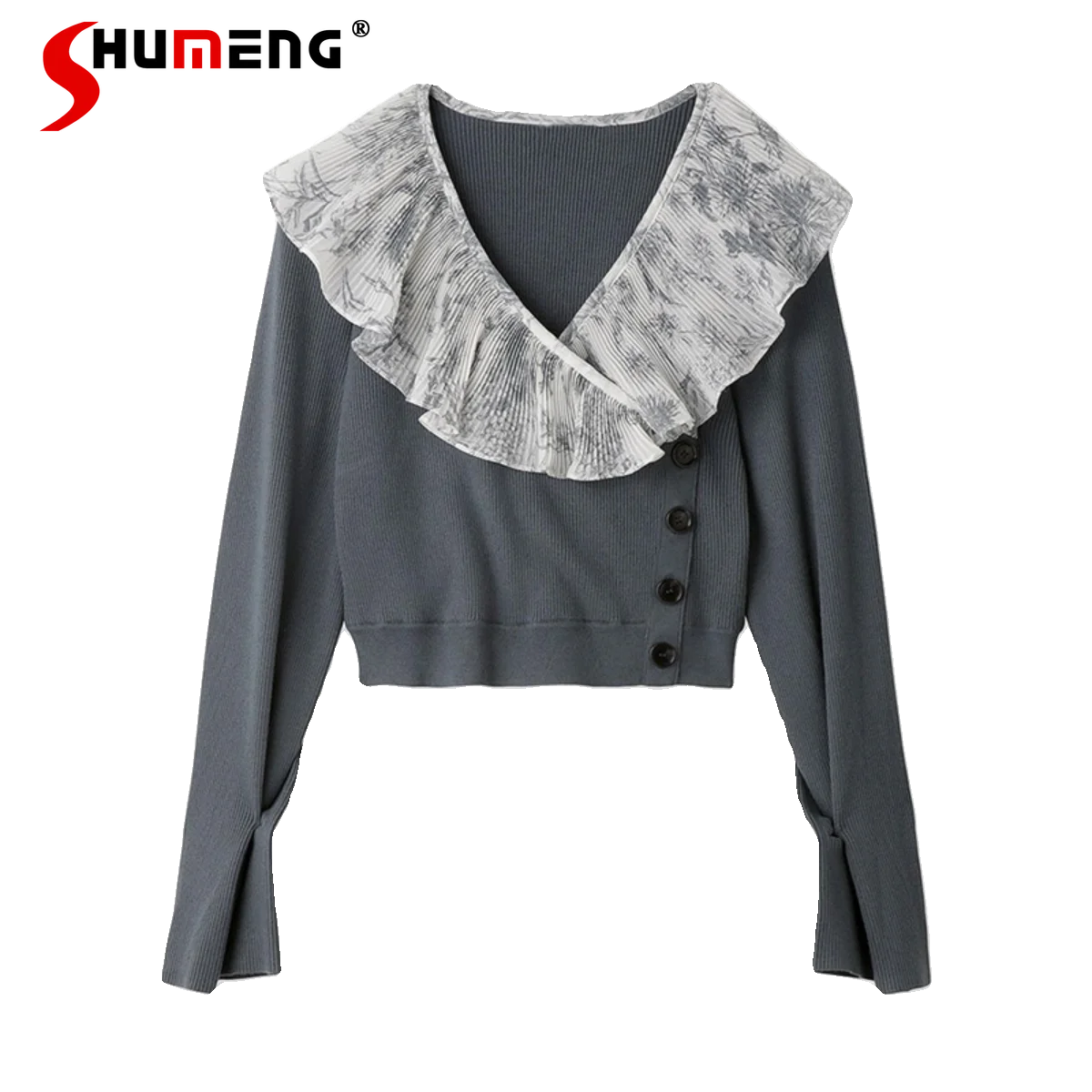 

2023 Autumn And Winter New Women's Clothing Fashionable Chiffon Lotus Collar Stitching Loose Knitted Sweater Single-Breasted Top