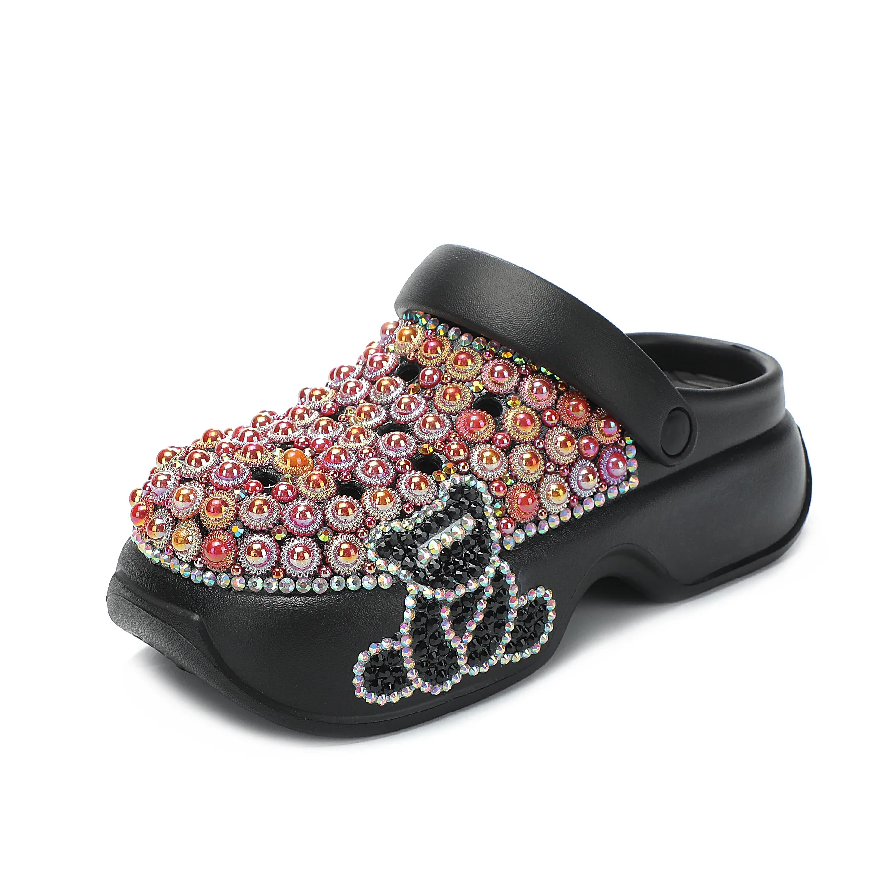 Summer Women's Sandals New Diamond-encrusted Colored Pearl Hole Shoes Half-drag Bear Hole Shoes Beach Lazy Slippers