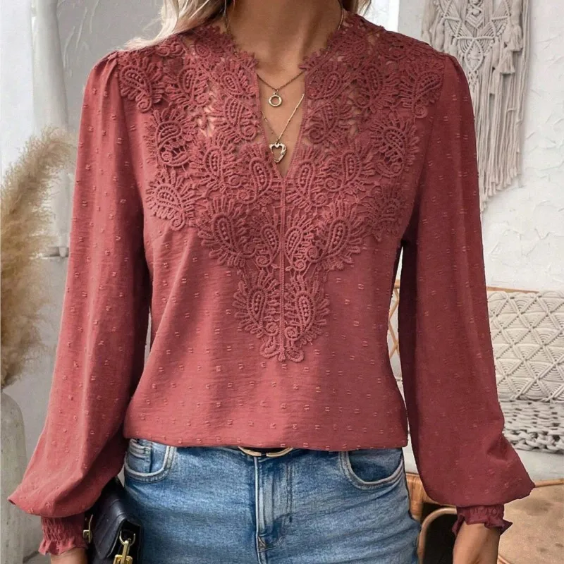 Elegant Office Lady Pullover Shirt 2024 Autumn/Winter New Fashion V-neck Lace Panel Solid Long Sleeve Casual Women's Top Camisas