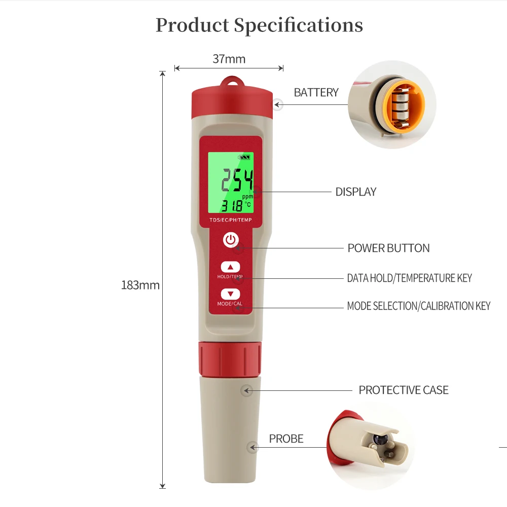 PC-101 PH Meter ORP Chlorine Meters TDS Salinity Testers EC Temp Detector  Water Quality Monitor Test Tool Filter for Pool 40%OF