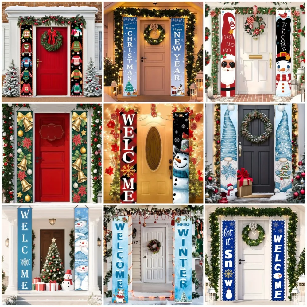 Welcome Christmas Party Decoration Backdrop Christmas Tree Bell Snowflake Snowman Couplet Background Wall Hanging Banner Props