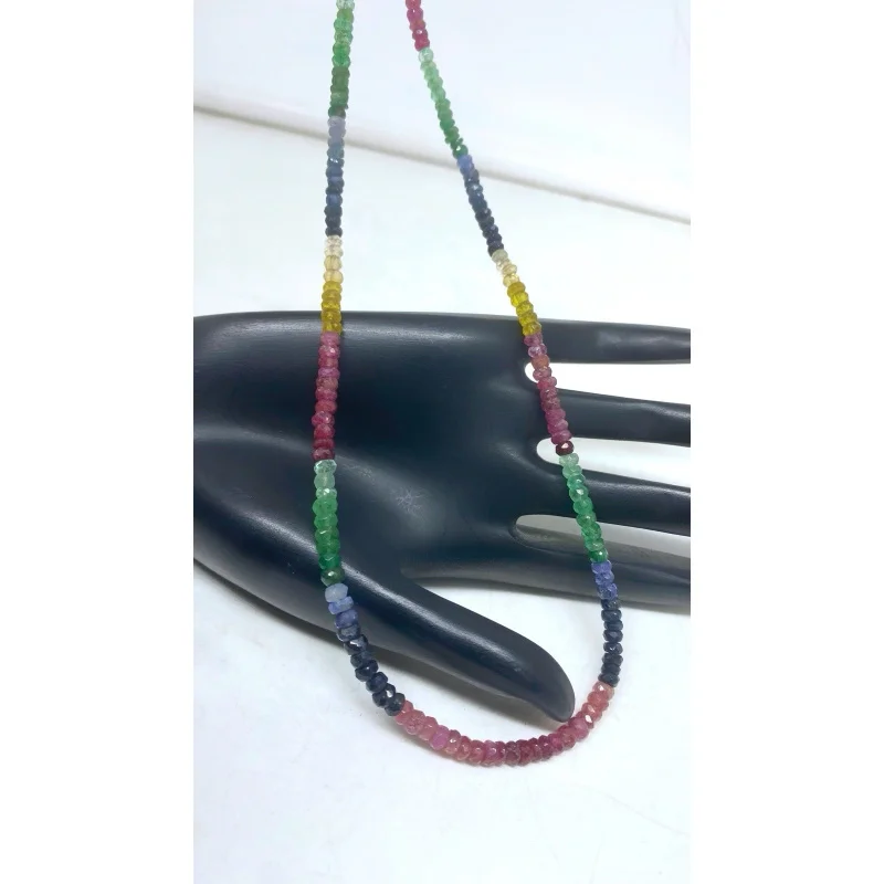 

Multi Sapphire Gemstone Necklace 20” Round Faceted Beads Sterling Silver