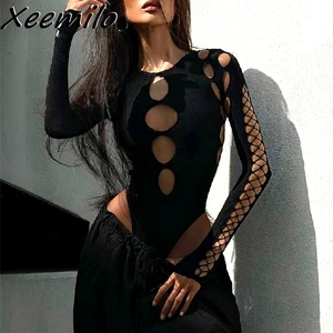 Xeemilo sexy dot hollow out bodysuit y2k Gothic punk long sleeves bodycon female t -shirt autumn streetwear bodice thin bodysuits 8 Main Sales Body Long Sleeve - №7