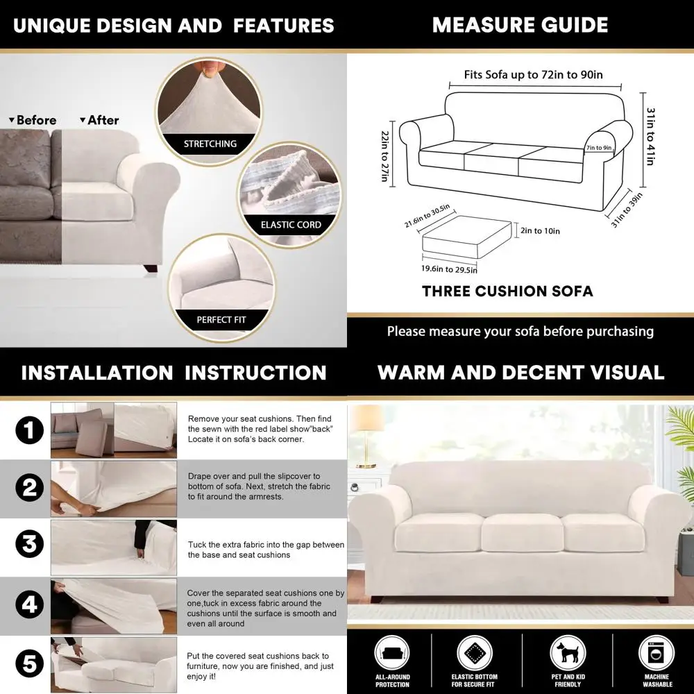 

Ivory Velvet 4-Piece Couch Cover Set for 3-Cushion Sofa, Pet-Friendly with Non-Slip Elastic, Fits Sofas up to 90 Wide
