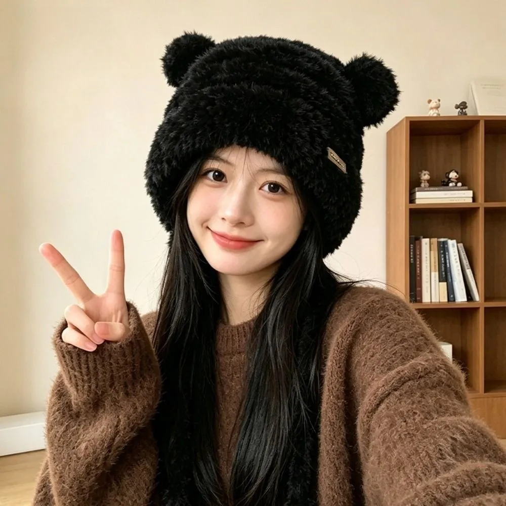 Polyester Material Ear Flap Hat Fits 55cm to 58cm Head Circumference Bear Ear Warm Winter Knitted Hat