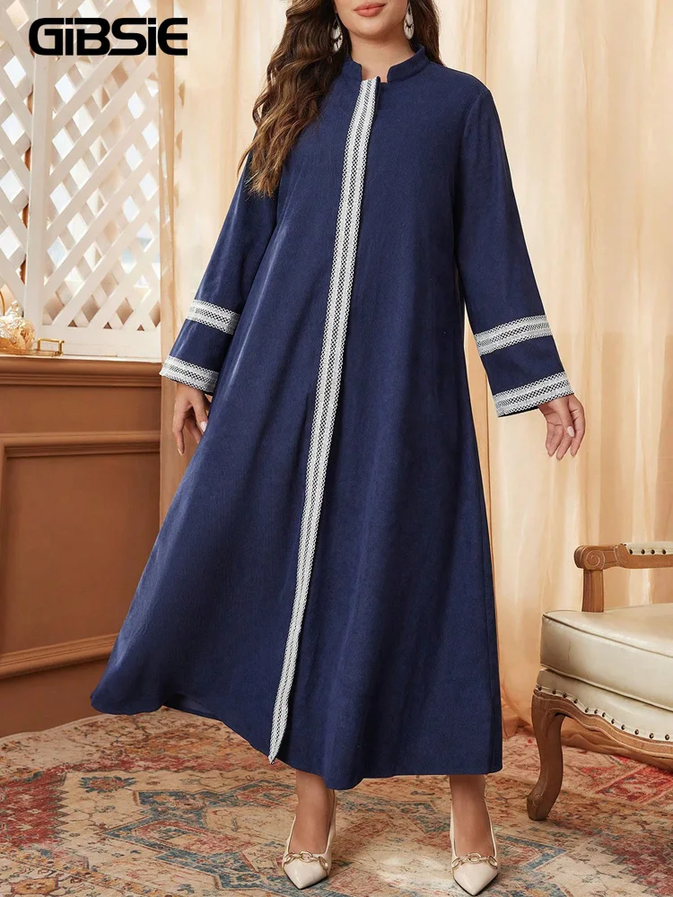 GIBSIE Plus Size Contrast Lace Stand Collar Long Sleeve Maxi Dress Women 2026 Autumn New Vintage Casual Loose Abaya Long Dresses