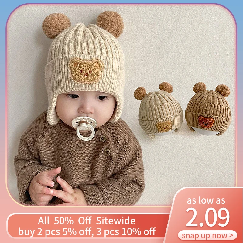 

Cartton Bear Baby Skullies Beanie Cute Pompom Ears Toddler Knitted Hat Autumn Winter Warm Infant Earmuffs Cap KidsCrochet Bonnet