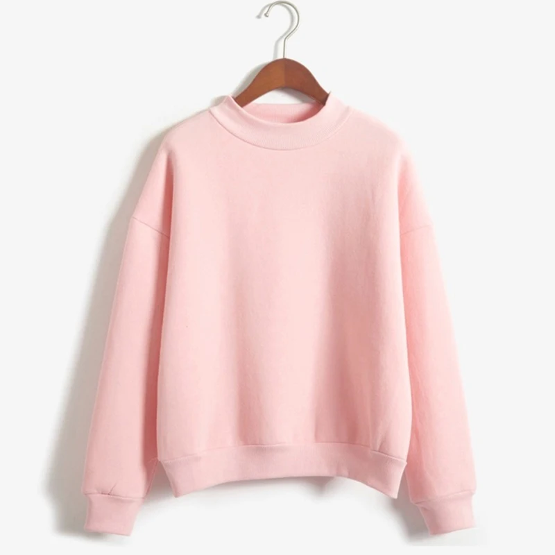 Kerst Fleece Half Hoge Hals Lange Mouw Casual Top Vrouw Zoete Kleding Herfst Winter Jeugdige Effen Eenvoudige Roze Sweatshirts