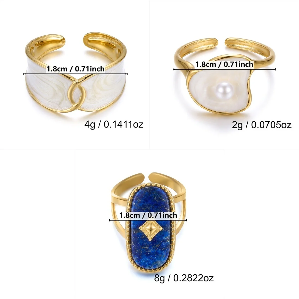 Edelstahl-Rechteck-Naturstein-Emaille-Fingerringe für Damen und Herren, königlicher Vintage-geometrischer Imitationsperlenring, Schmuck – Detail 4