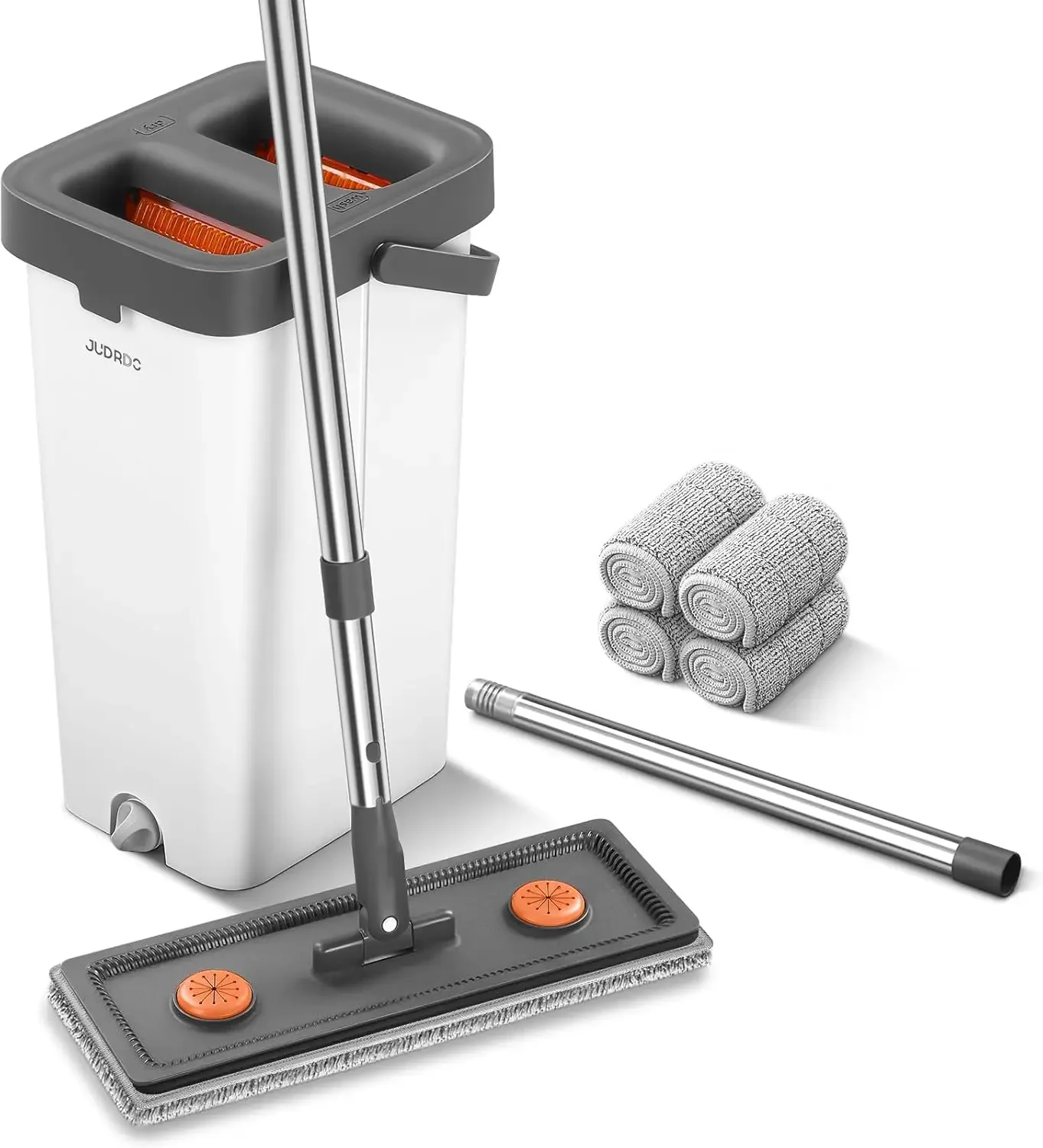 

61" flat mop & bucket set with wringer, 4 washable microfiber pads for home floor cleaning.