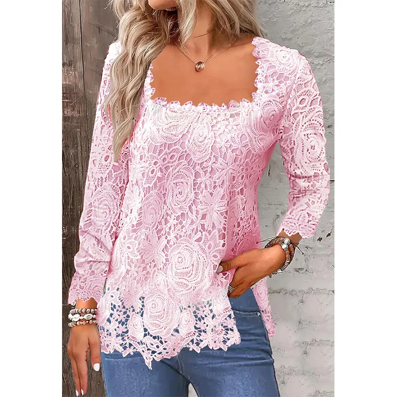 Lace Blouse Tee Shirt Women Vintage Top Solid Full Sleeve Square Collar Streetwear Ladies Casual Spring Summer Basic Tops 2025