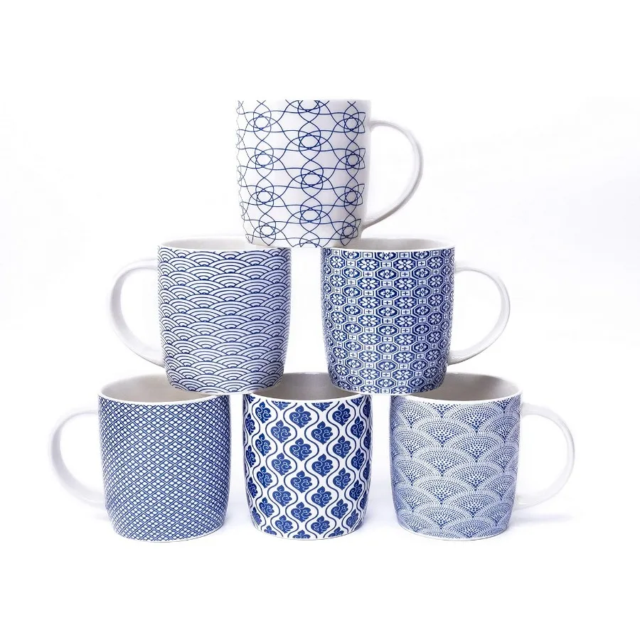 

Набор из 6 кофейных кружек 11,5 унций с сине-белыми геометрическими узорами, керамический набор чайных чашек для дома, кухни, столовой, гостиной