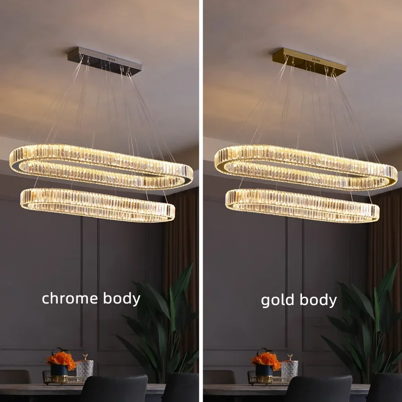 Modern Dining Room Led Dimmable Pendant Lights Oval Steel Lustre Crystal Chandelier Luminarias Luxury Led Hang Lamp Suspend Lamp