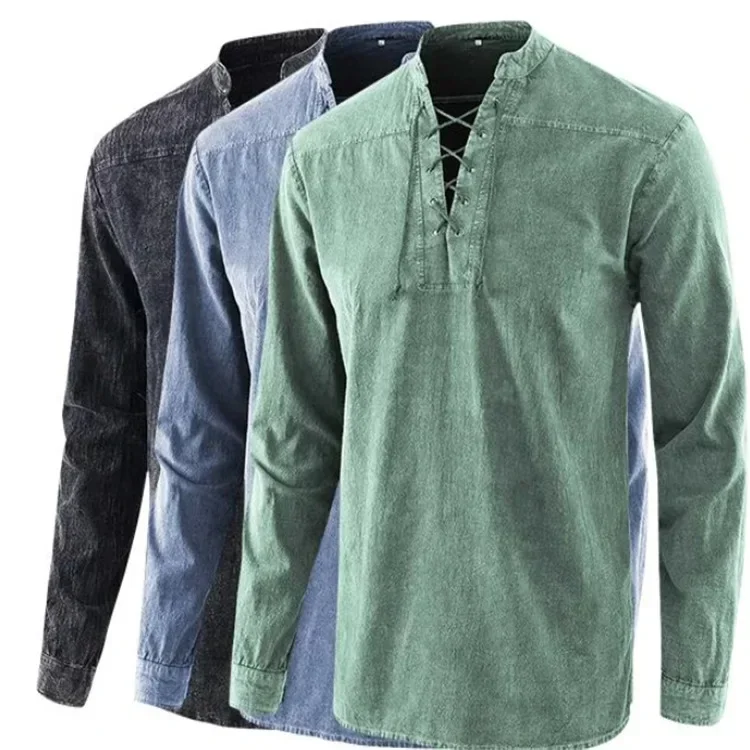 Europe and The United States Men's New Pure Color Lace-up Collar Loose Casual Shirt Retro Long Sleeve Simple Street Men T Shirt