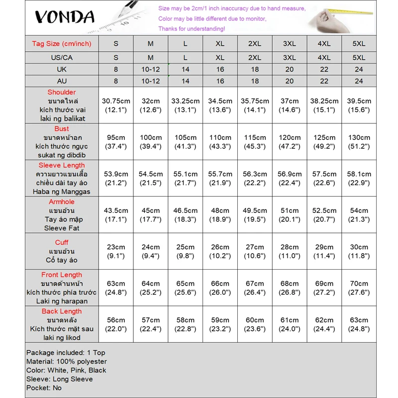 플러스 사이즈 5XL VONDA 여성 블라우스 오프 숄더 탑 캐주얼 솔리드 컬러 블라우스 긴 소매 O넥 플라워 튜닉 오버사이즈 셔츠