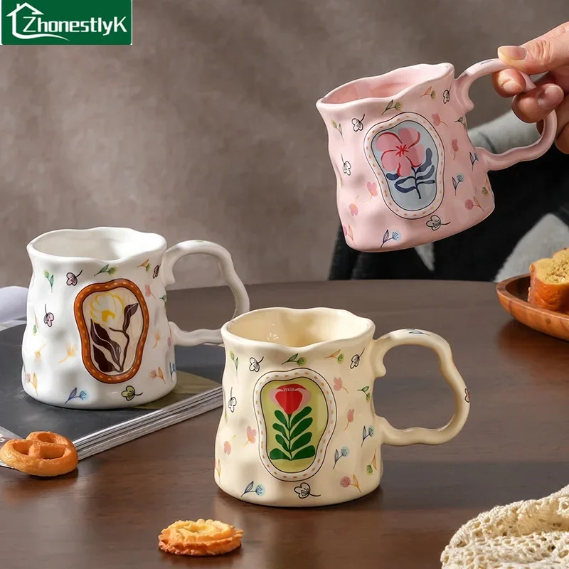 Creative Hand-shaped Irregular Appearance Ceramic Mug, Home Breakfast Milk/coffee Cup, Beautiful Flower Couple Water Cup