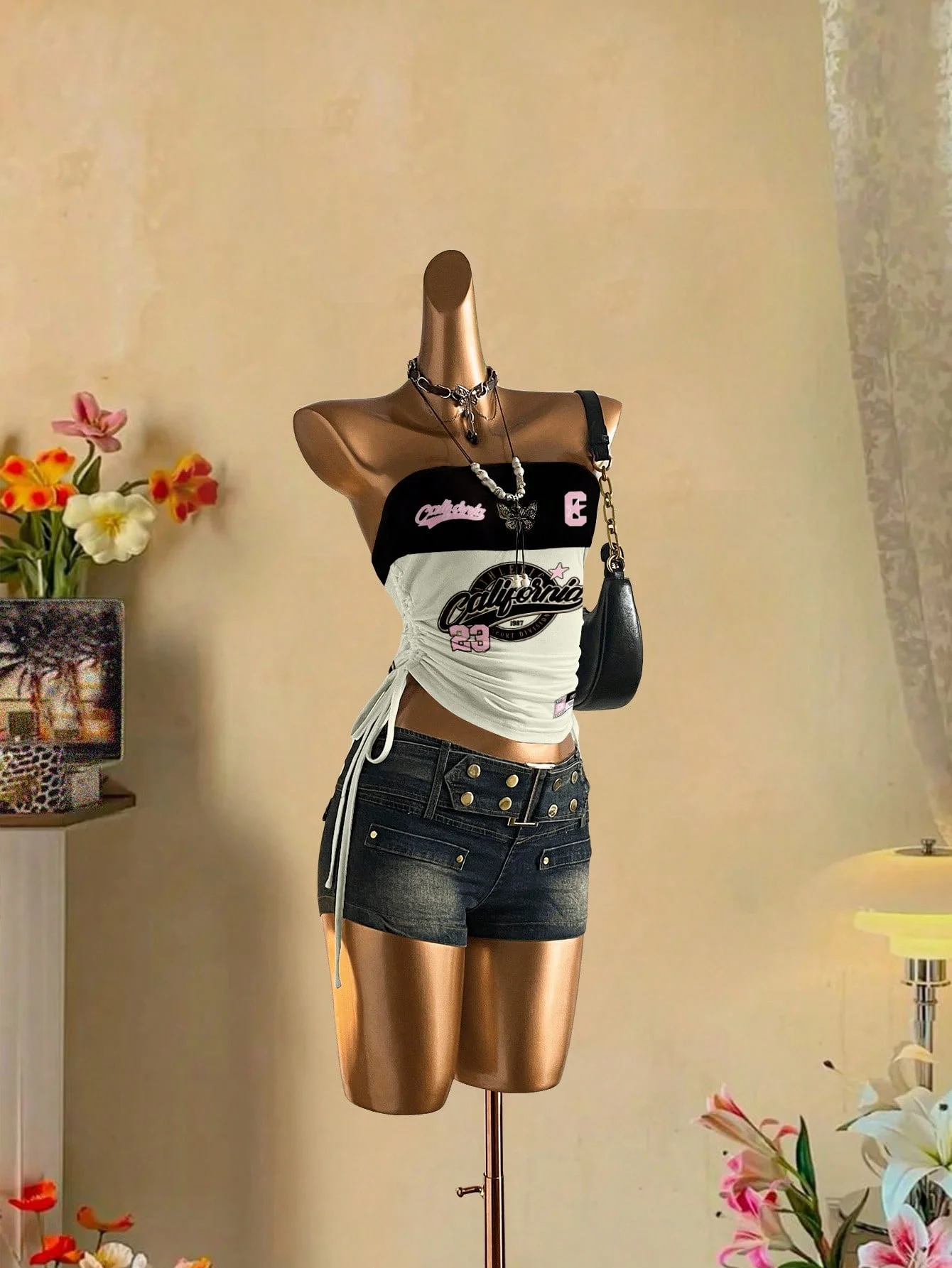 توب قصير، توب نسائي صيفي برباط أمامي مدبب بدون أكمام، قميص رياضي عصري مطبوع بأشرطة