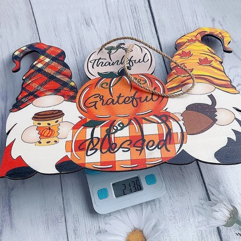 그놈 행잉 문짝 장식, 추수감사절 나무 사인 호박 문짝 행어, 야외 전면 문짝, 1 개