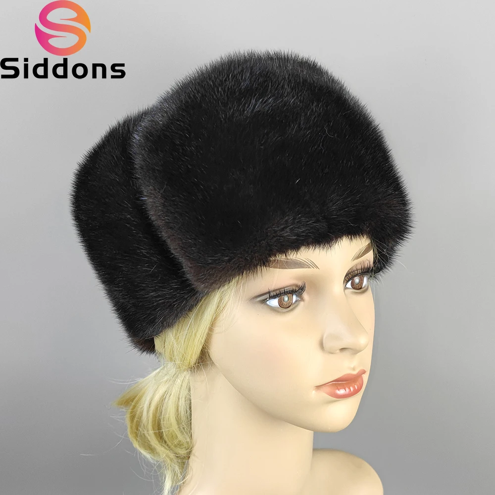 2024 Winter Unisex Real Fur Mink Skin President Hats Outdoor Head Warm Marten Bonnet Black/Brown 56-61cm Real Mink Caps Beanies