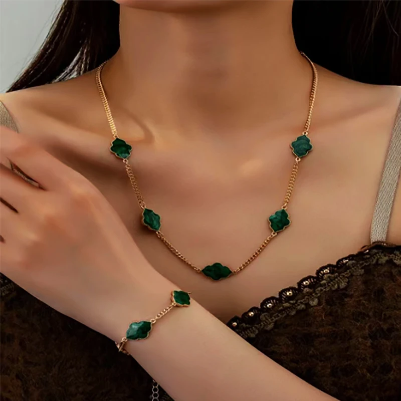 

Luxury Resin Flower Necklace Bracelet Jewelry Set for Women Wedding Gold Plated Colored Petals Female Hand Accessories