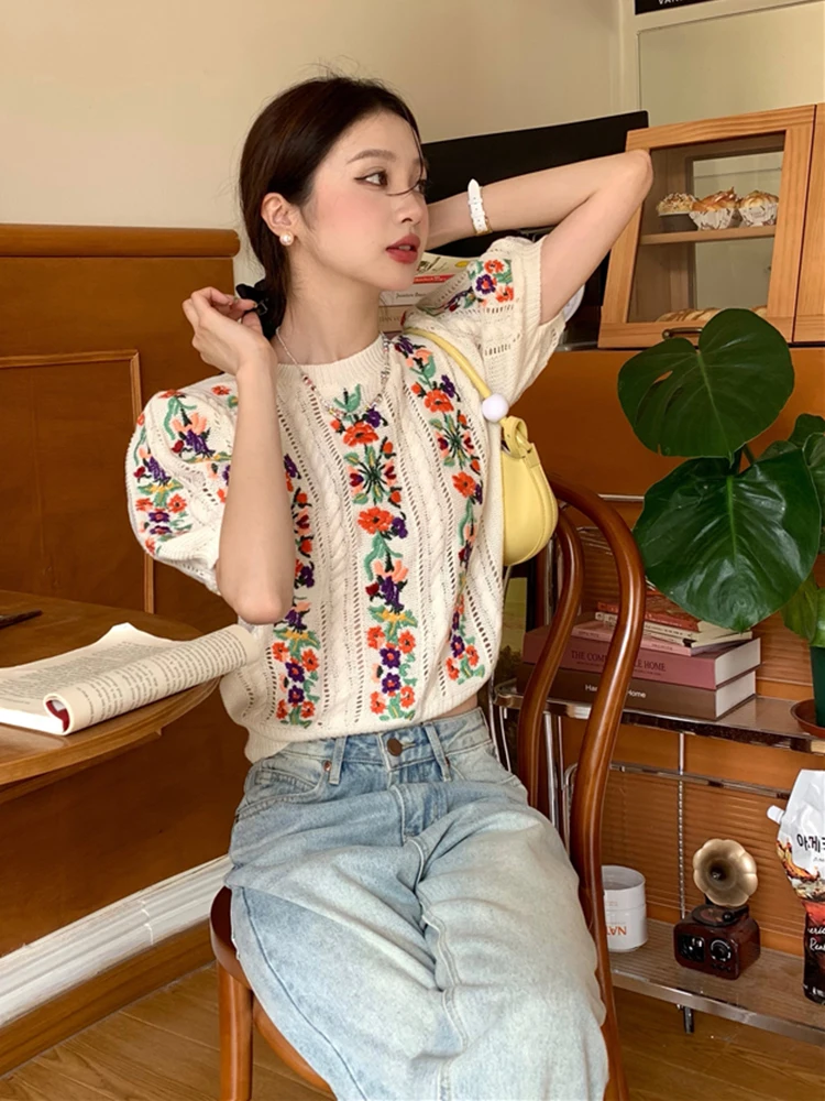 Vintage Embroidered Floral Sweater Women Summer Autumn Short Puff Sleeve Slim Knitted Tops Hollow Out Pullovers Jumpers
