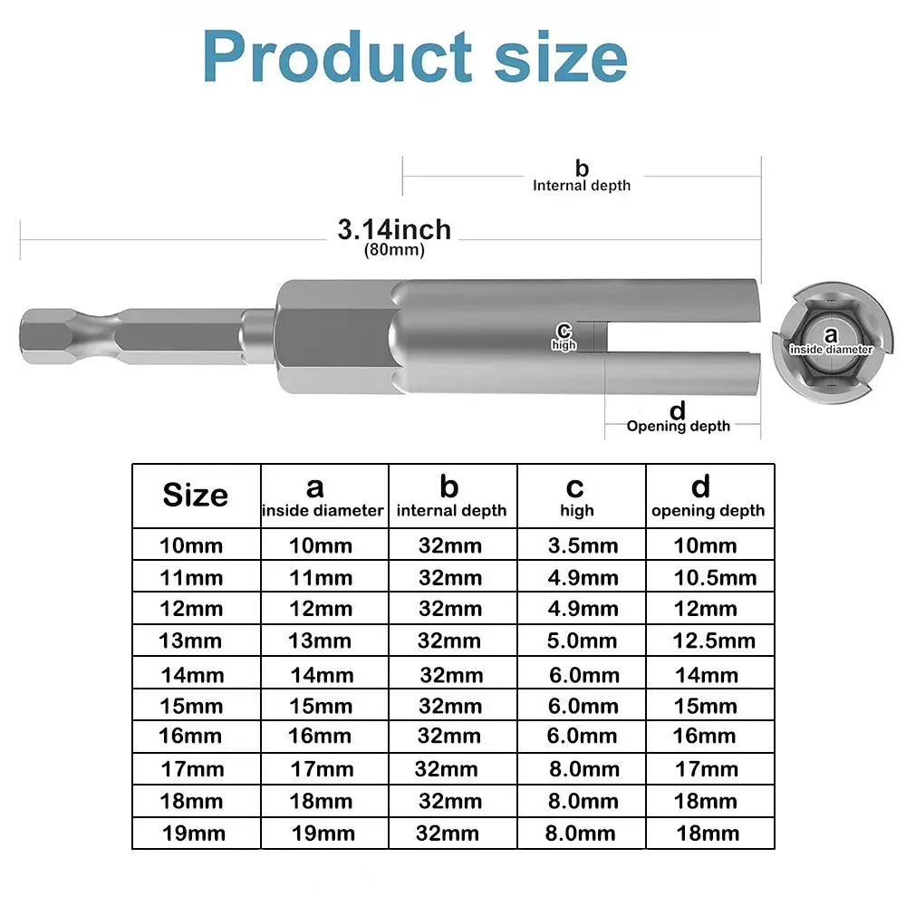 Bolt borboleta soquete manga chave, Hex Shank Slot, Aço Wing Nut Driver, Ferramenta de poder, H10, 12, 14, 16, 18, H11, 13, 15, 17, 19