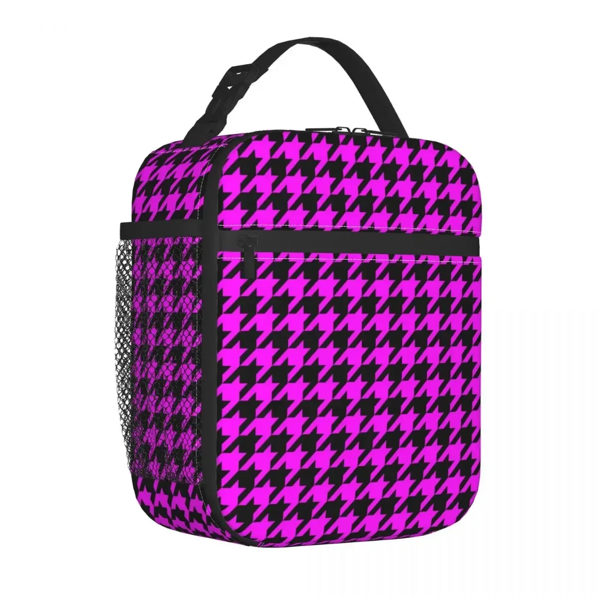 Retro Houndstooth Lunch Bag For Unisex And Black Lunch Box Casual Cooler Bag Portable Insulated Waterproof Tote Food Bags