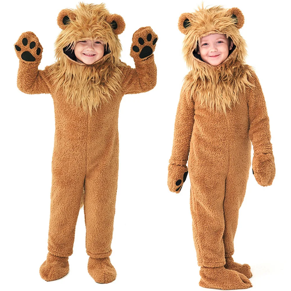 Bonito pequeno leão Cosplay macacão para meninos, traje de Dia das Bruxas, camisola de pele animal, infantil Stage Show Clothing, 1 ° de junho, bonito