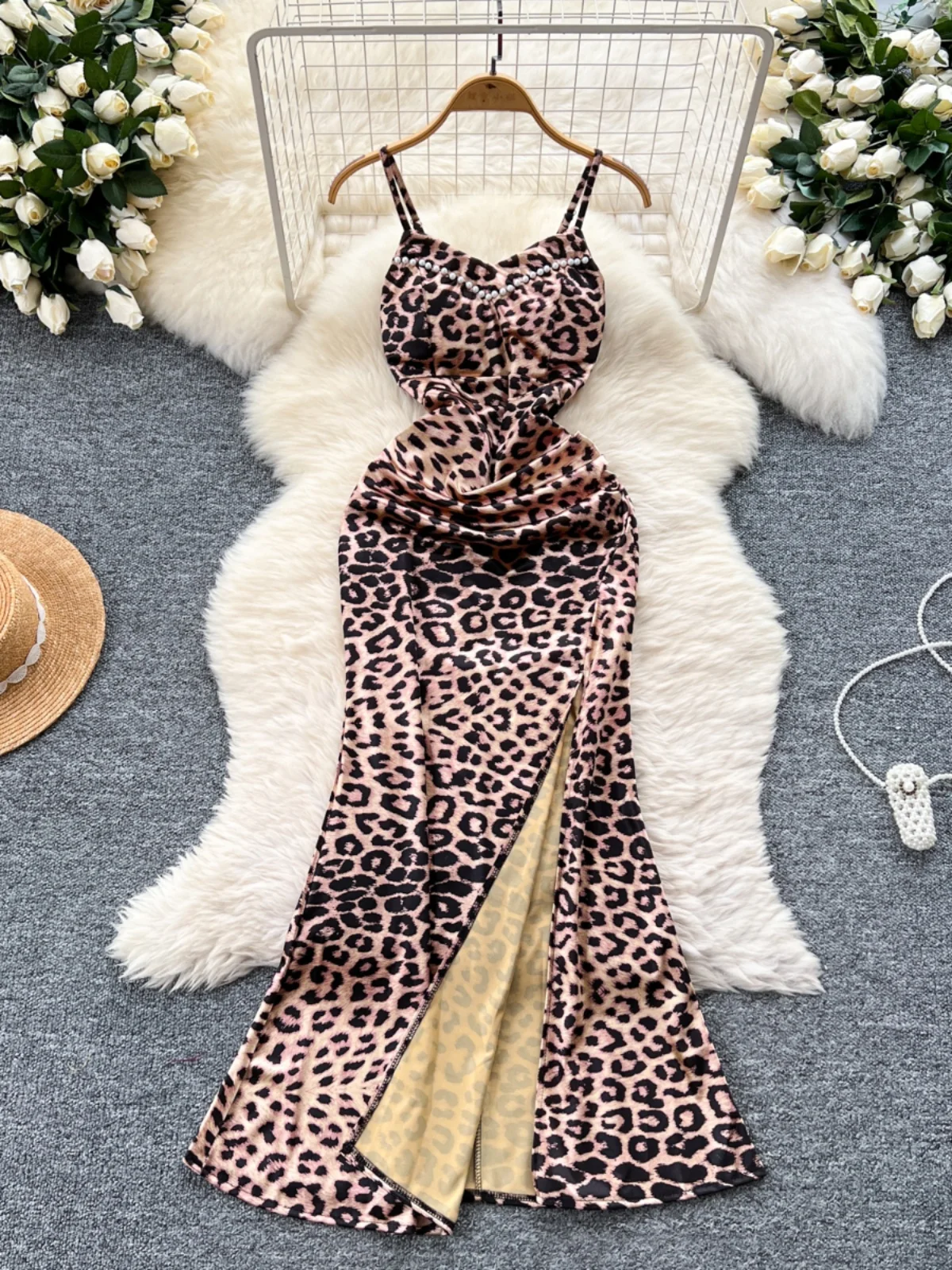 Vestido largo con tirantes para mujer, vestido Sexy de verano con estampado de leopardo de satén dividido, ajustado, cola de pez, para fiesta y Club