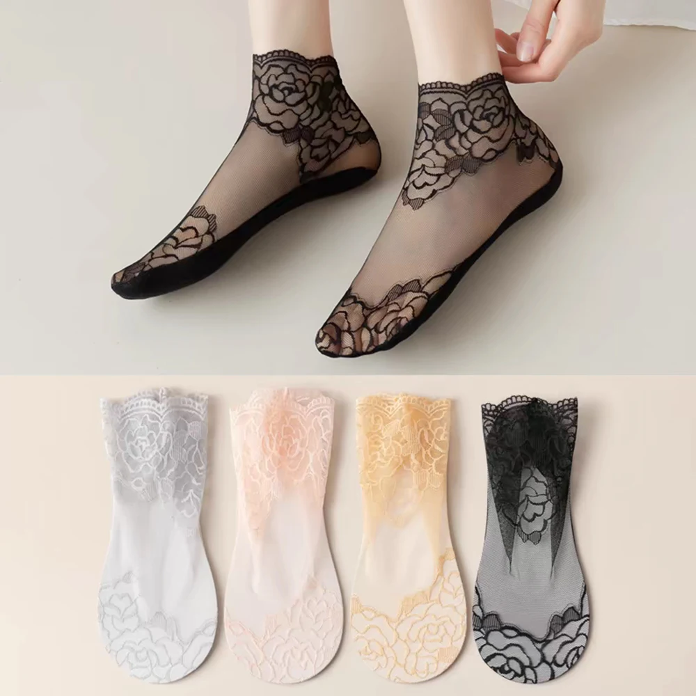 Lace Floral Mesh Socks Women Summer Transparent Invisible Foot Socks Breathable Non-Slip Short Ankle Black Low Cut Boat Sock