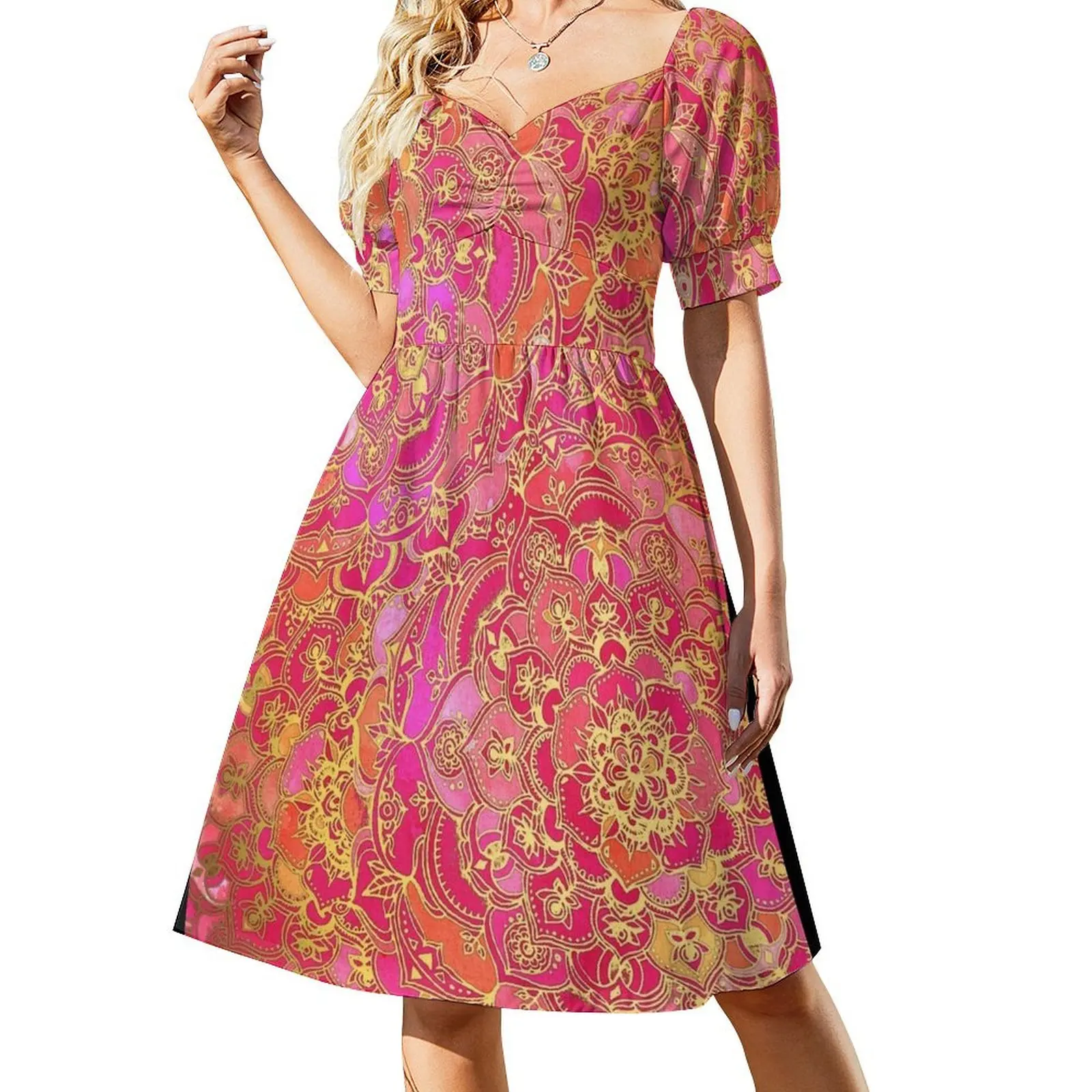 

Hot Pink and Gold Baroque Floral Pattern Short Sleeved Dress beach dresses long dress women Dress