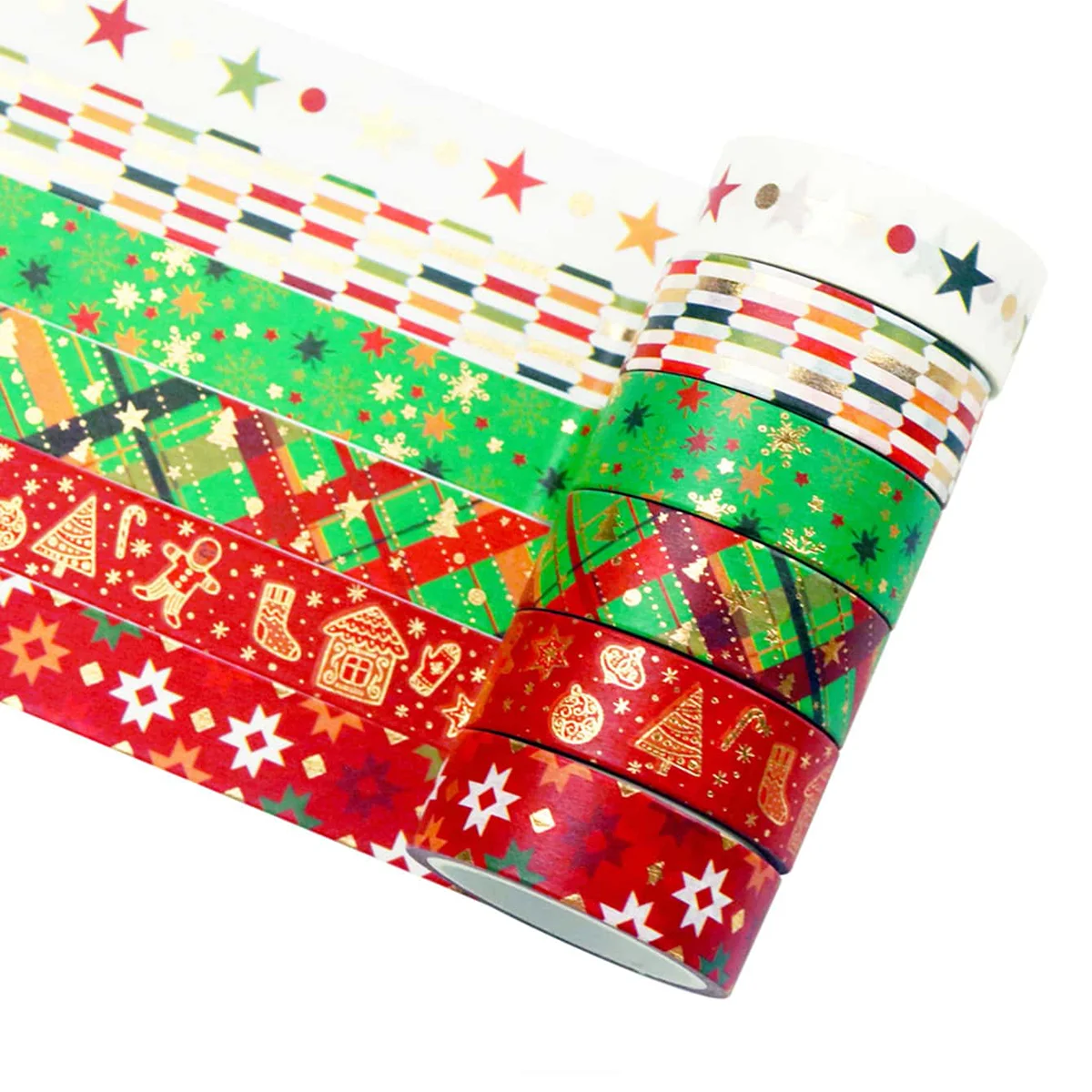 12 ロール/箱、繊細なクリスマスパターンのブロンズ和紙テープ、ホリデーパーティー DIY グリーティングカードギフトボックスの装飾に最適