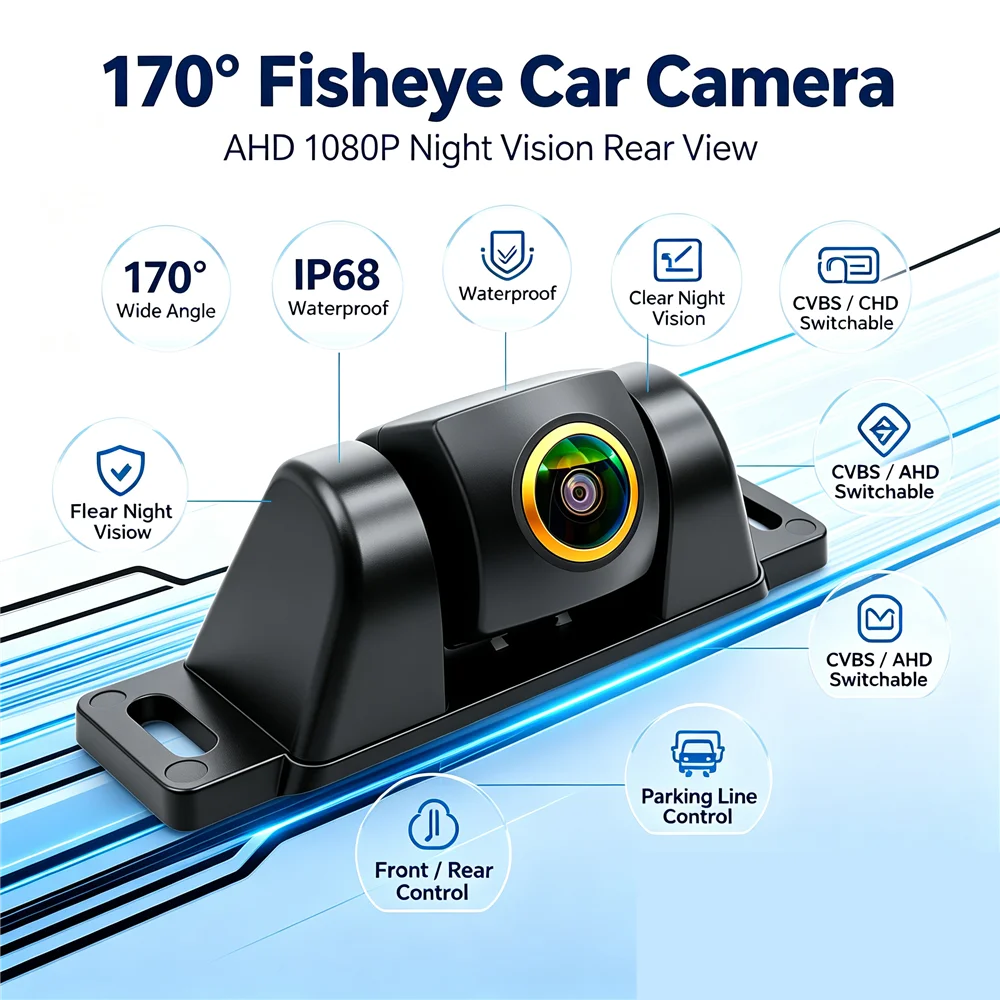 AHD 720P CCD Fisheye Car Reverse Camera 170° Wide Angle CVBS NTSC Switchable Front/Rear View Waterproof Vehicle Backup Parking