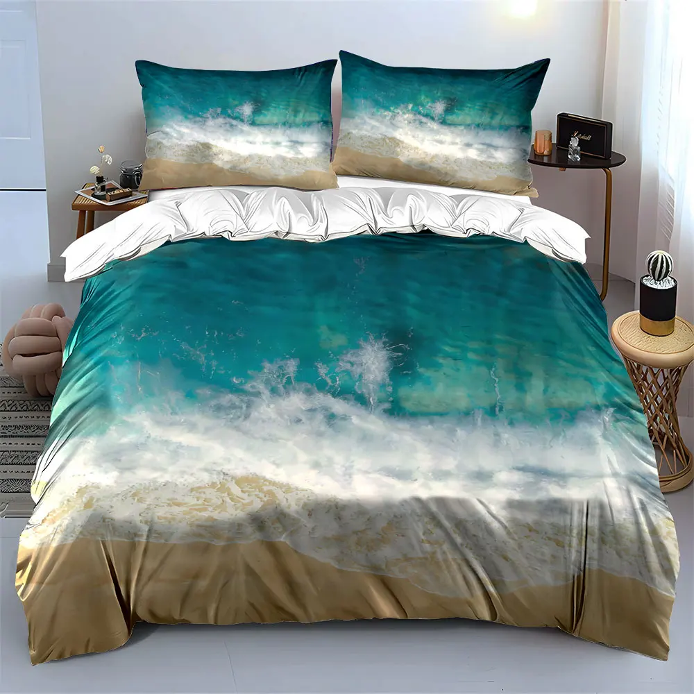 Top view Beach waves and sand Print Bedding Set 1 Duvet Cover 2 Pillowcases for Adult and Children Luxury Gift Full Size